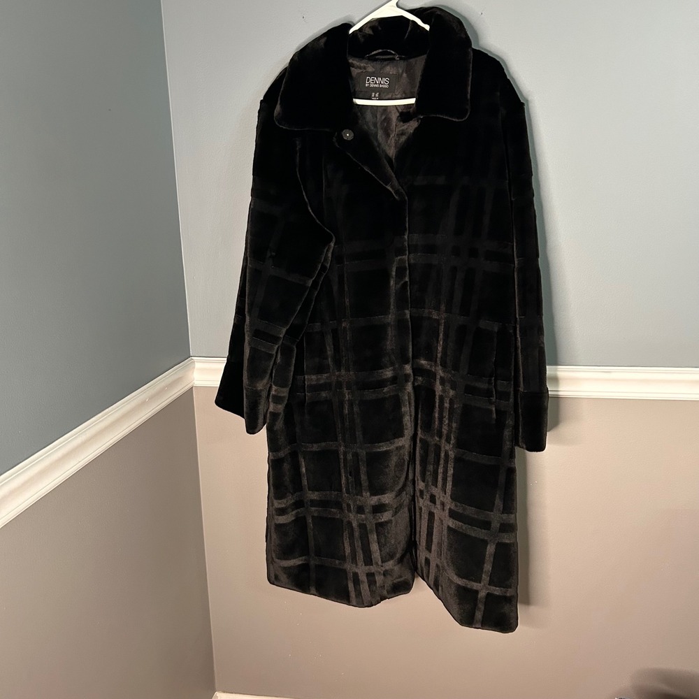 Dennis by Dennis Basso Black Faux Fur Grid Plaid Longline Coat Plus Size 3X